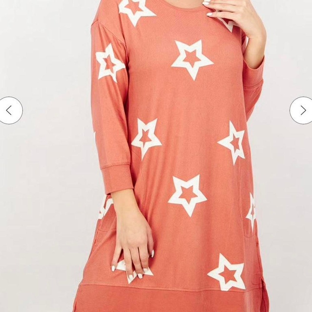Kensie Star Print Long Sleeve Salmon Nightgown w/Pockets Women's Lg Soft Comfy